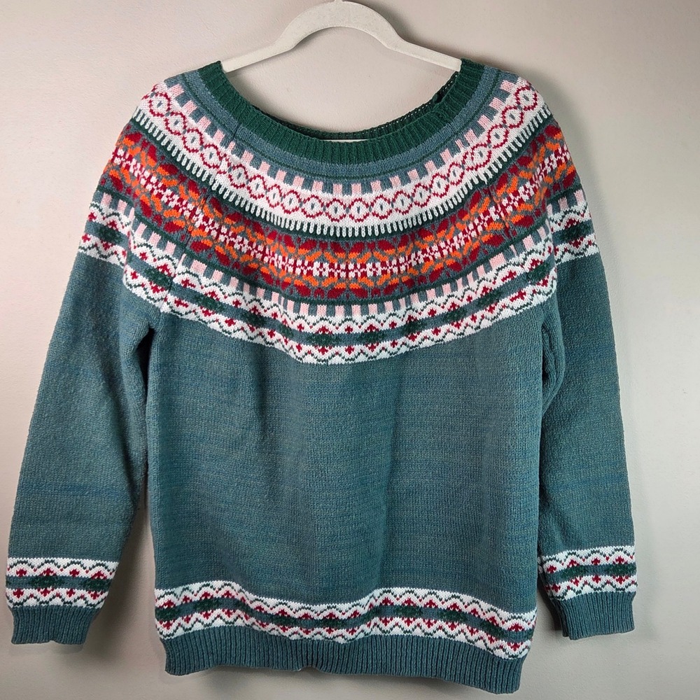 Unbranded Fair Isle Sweater Womens Large Teal Excellent Boho Nordic Pullover